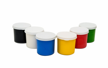 Watercolor paint in buckets isolated on white background. Art pa