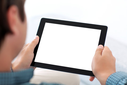man holding tablet with isolated screen