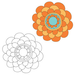 Floral design elements. Hand drawn doodle. Black and white and colored version. Vector illustration.