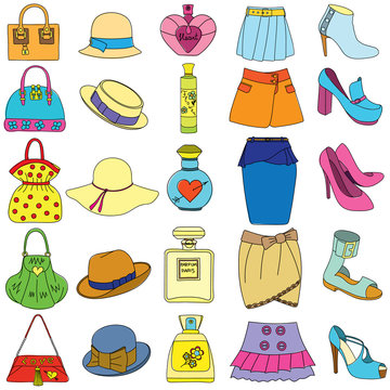 Set of shoes, handbags, skirts, hats and bottles of perfume on white background. Vector illustration.