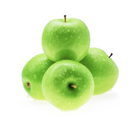 Apple green with water drops isolated on white background.