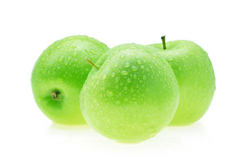 Apple green with water drops isolated on white background.