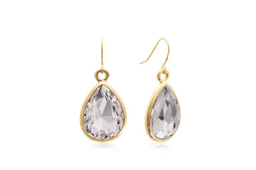 Beautiful White Crystal Teardrop Dangle Earrings in Yellow Gold