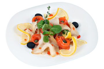 Assorted several kinds of fish with olives, lettuce, lemon, rose