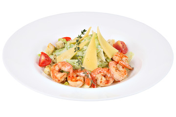Prawn Caesar Salad with lettuce isolated white background.