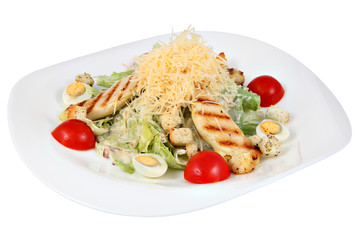 Caesar salad with fried chicken, lettuce leaves, and boiled egg.