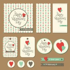 Set of cards, gift tags and labels with hearts for Valentine's day. Vector illustration.
