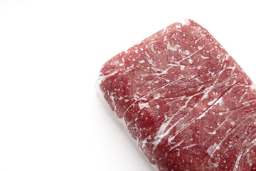 Frozen meat package. Frozen food day.