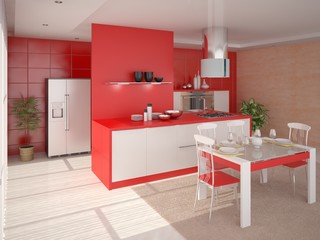 Design interera bright red kitchen.