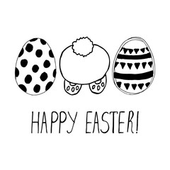 Cute easter greeting card with easter eggs and backside of a bunny. Doodle vector hand drawn illustration.
