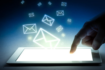 Social media, business hand touching tablet