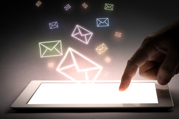 Social media, business hand touching tablet