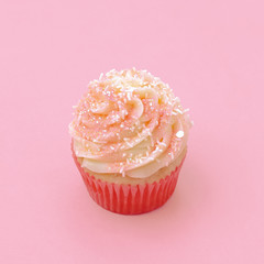 Cake on pink background. Vanilla minimalism