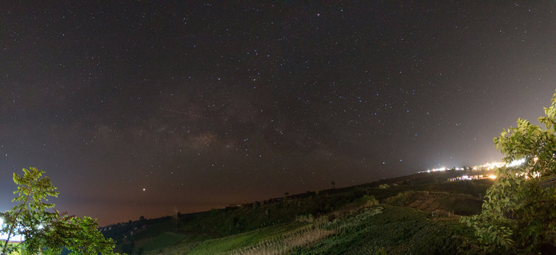 Panoramic Milky way scene on hill,Phu Tab Berk,Thailand