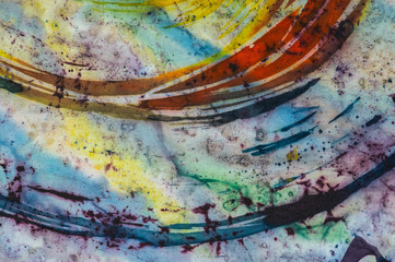 Obraz na płótnie Canvas Rainbow, fragment, hot batik, background texture, handmade on silk, abstract surrealism art