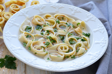 Pancake Soup Frittatensuppe on white background