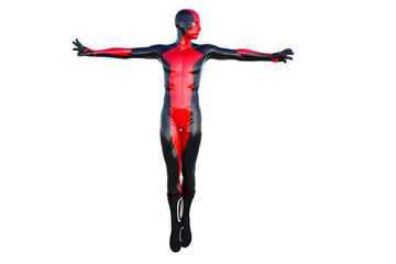 one flying male superhero costume latex on colored background