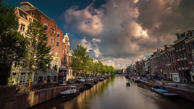 sunny day amsterdam city canal panorama 4k time lapse netherlands
