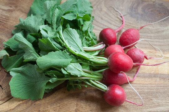 large bunch of fresh radish on wooden boards, closeup