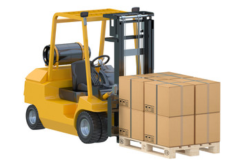 Forklift truck with boxes on pallet
