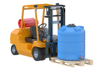 Forklift truck with water tank on pallet