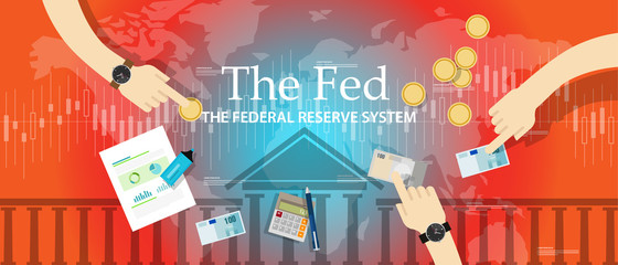 the fed federal reserve system manage economy fiscal policy american central bank  - obrazy, fototapety, plakaty