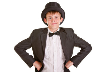 Smiling Young Boy in Formal Wear with Top Hat