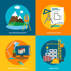 Conceptual icon set for construction in flat style. Vector illustration