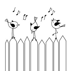 Three chirping birds on the fence.
