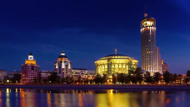 sunset moscow river bay international house of music 4k time lapse russia
