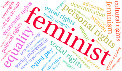 Feminist word cloud on a white background. 