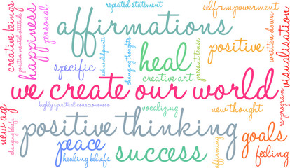 We Create Our World word cloud on a white background. 
