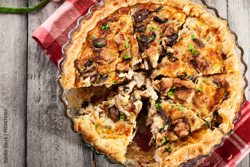 Poster Slice of tart with chicken amd mushrooms