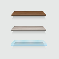 Vector modern wooden and glass shelfs set on gray