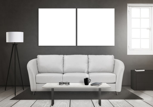 Isolated two art canvas on wall. Window, sofa, lamp, plant, glasses, book, coffee on table in living room interior. 