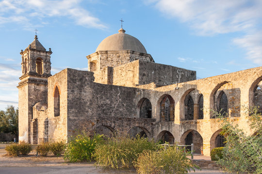 Convento and Arches of Mission San Jose in San Antonio, Texas at  Sunset