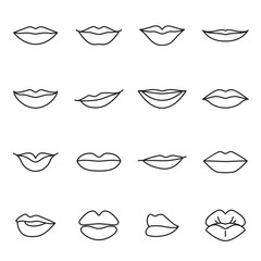 Obraz premium Icons of female lips. Collection of sixteen modern linear icons isolated on a white background. Vector illustration