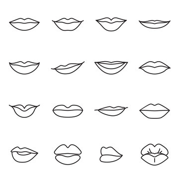 Icons of female lips. Collection of sixteen modern linear icons isolated on a white background. Vector illustration