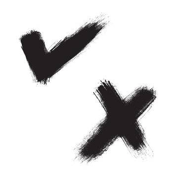Black hand painted check mark and X mark. Vector illustration