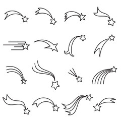 Collection of shooting star icons. Falling star icons. Comet icons. Linear vector illustration