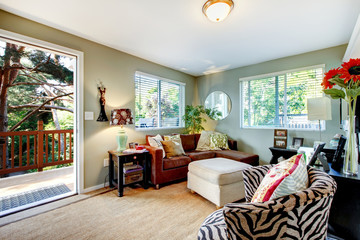 Young girl apartment Living room with zebra chair, and small bro