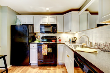 Kitchen with black fridge, stove, oven, and gray counter.