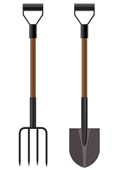 Vector illustration of a garden pitchfork and shovel