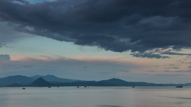 sunset twilight vladivostok bay port ship mountain panorama 4k time lapse russia
