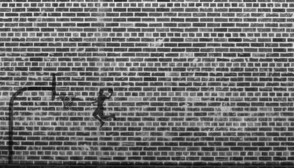Guy Slam dunking a basketball - Silhouette of a guy dunking a basketball in front of brick wall in blacking and white © dcorneli