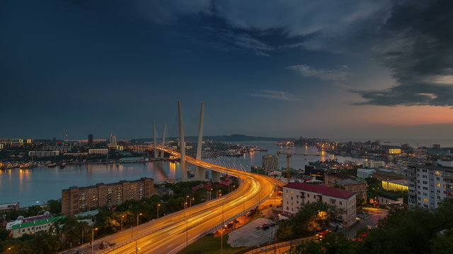 vladivostok sunset till night illumination bridge roof panorama 4k time lapse russia
