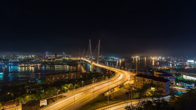 night illumination traffic bridge street vladivostok panorama 4k time lapse russia
