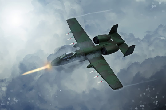 Digital painting of modern military aircraft. A-10 tank buster.