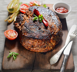 steak on the wooden background with roasted vegetables