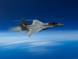 Computer Illustration - Modern US style jet fighters at high altitlutde in fast flight. Blurred motion background.